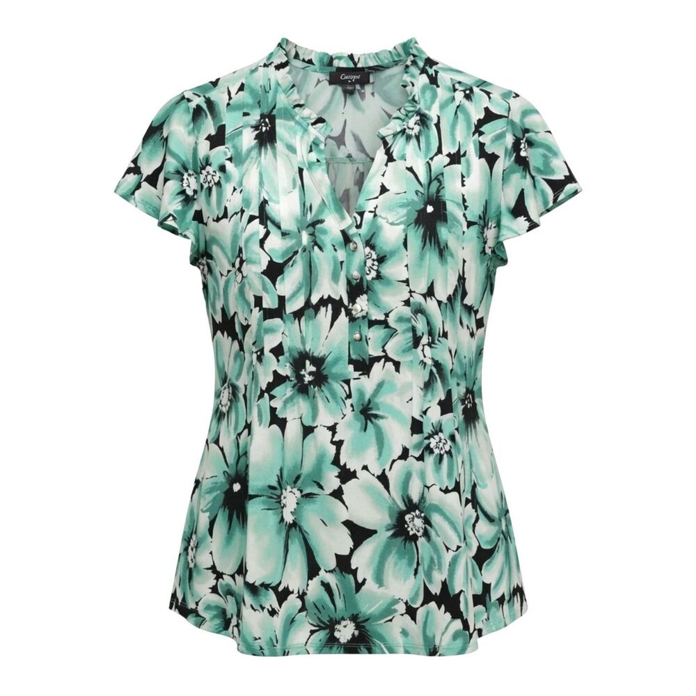 Cocomo Plus Size 1X Black & Mint Floral Print Pintuck Short Flutter Sleeve Top